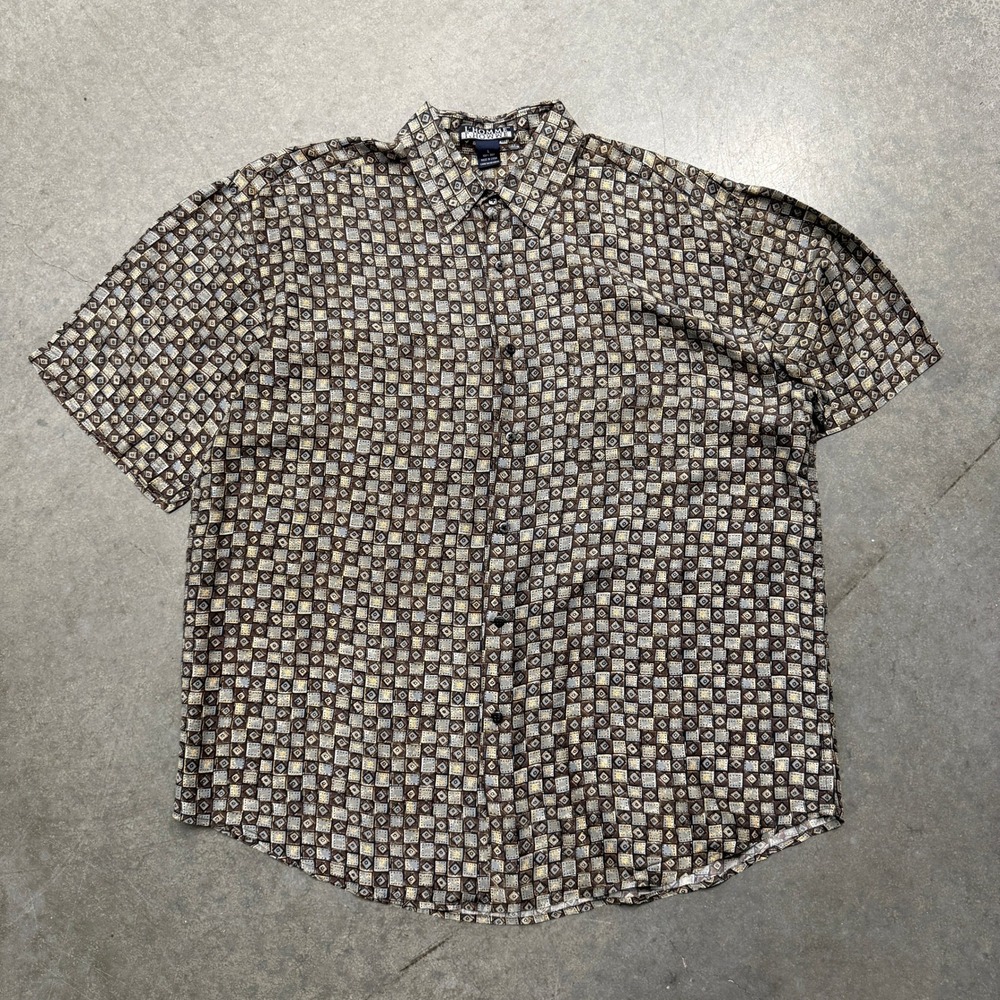 L'Homme L'Howwe Mens Large Silk Short Sleeve Button Down Geometric Brown Shirt